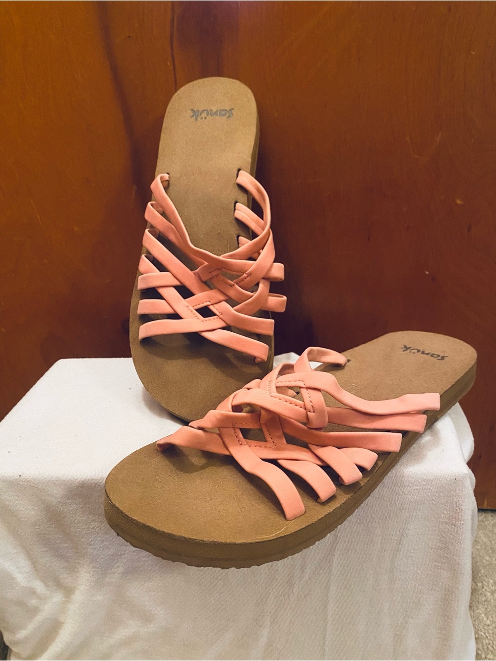 Sanuk Peach Pink Strappy Woven Slide Sandals